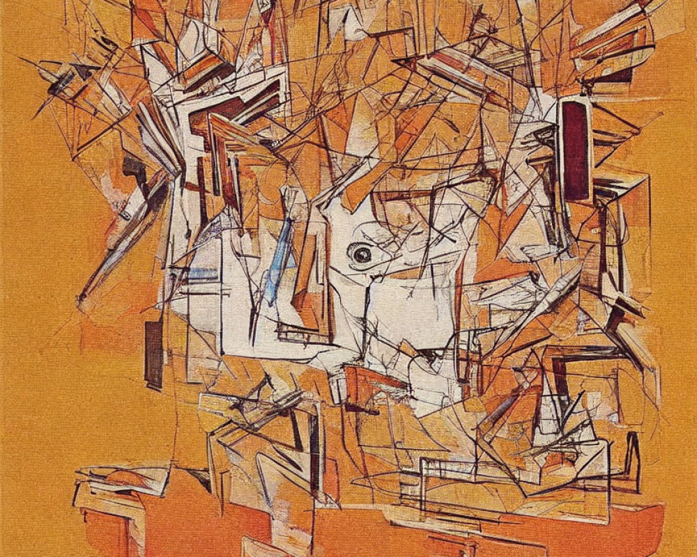 Geometric Cubist Painting in Earth Tones on Warm Orange Backdrop