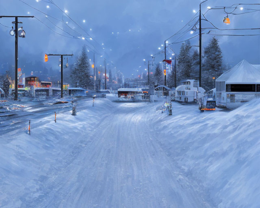 Snow-covered street at dusk with tire tracks, illuminated shops, and mountainous backdrop