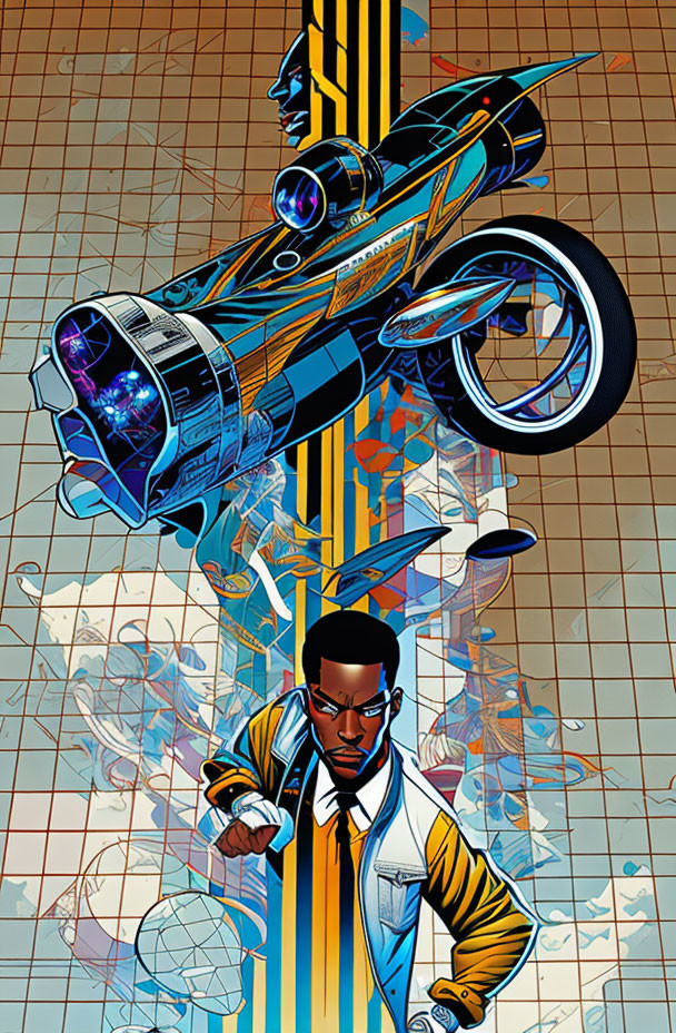 Illustration of man in jacket and glasses with futuristic motorcycle and dynamic shapes