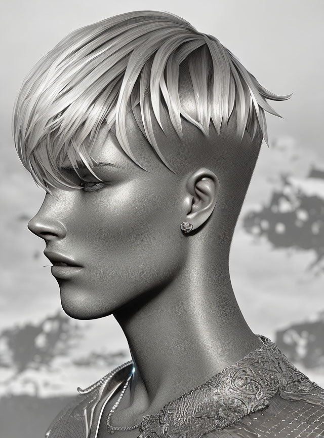 Monochromatic side profile portrait with stylish haircut, earring, and lace garment.