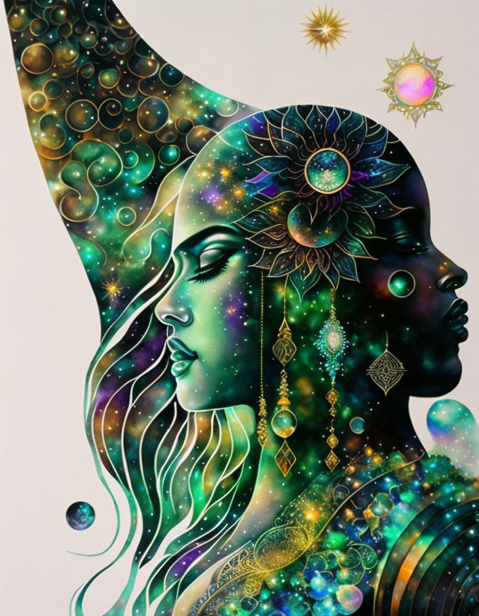 Cosmic and celestial themed artwork with two profiles and intricate golden patterns