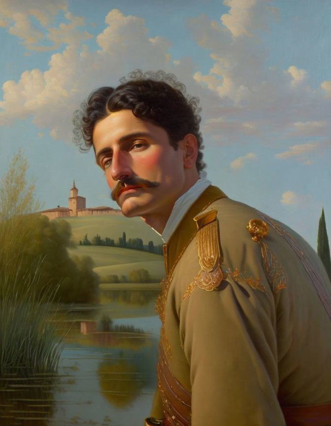 Man in Military Attire with Mustache, Castle Background