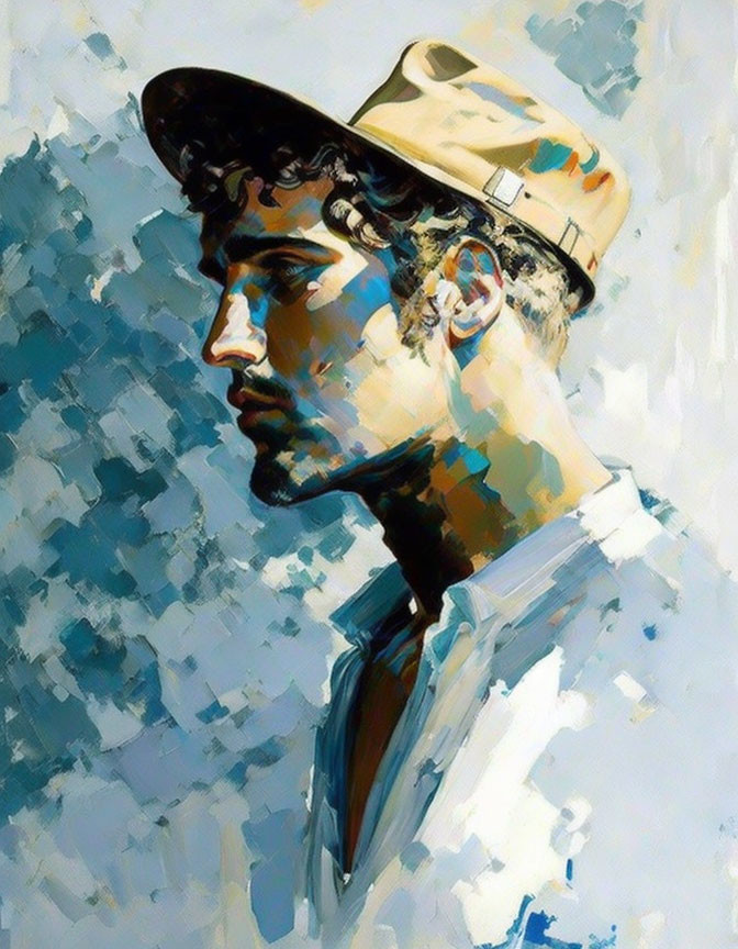 Side-profile portrait of a young man in a hat against a blue background