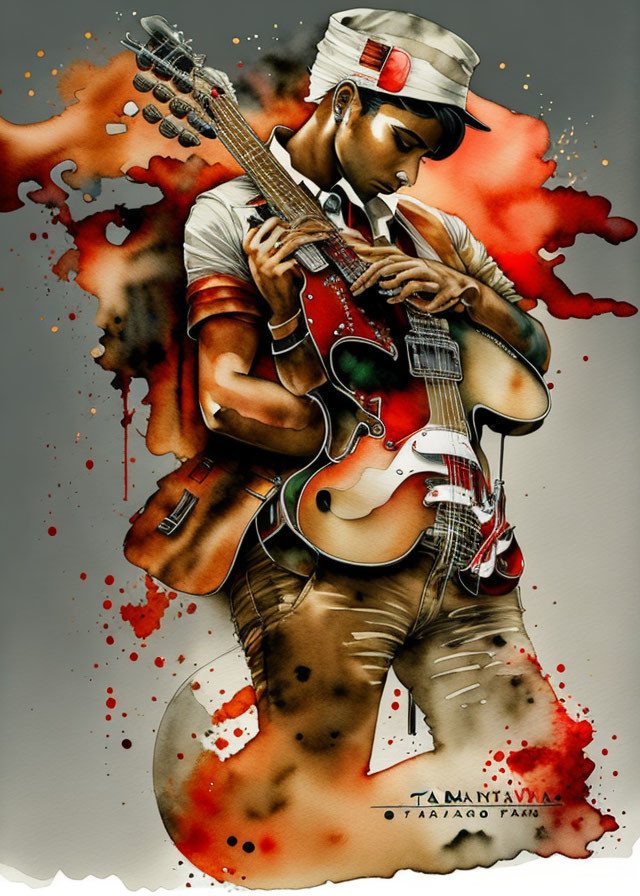 Vibrant watercolor painting of a person playing electric guitar