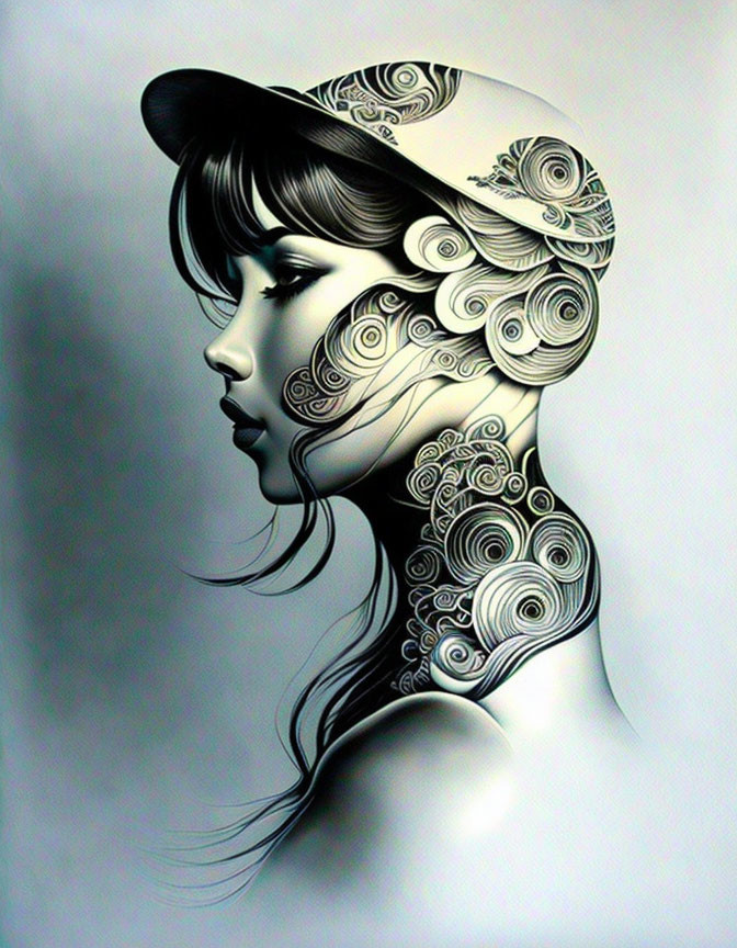 Monochrome profile illustration of woman with intricate swirl patterns