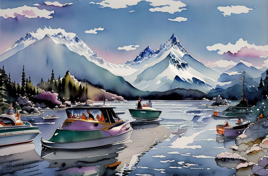 Scenic watercolor painting: boats, mountains, forest, cloudy sky