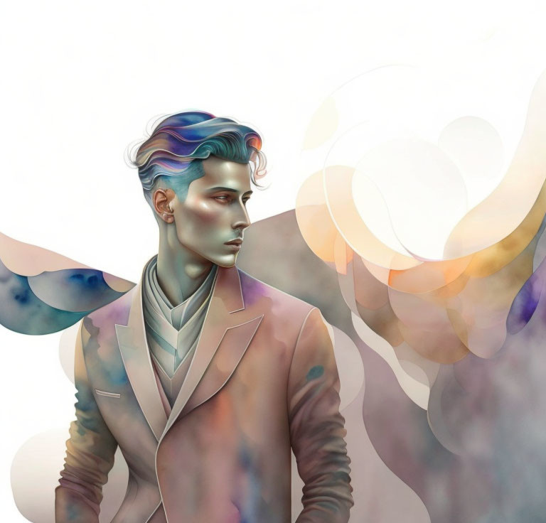 Stylized man with blue hair in suit on abstract background