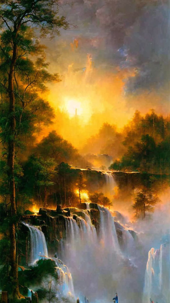 Tranquil forest waterfall scene with sunlight filtering through clouds