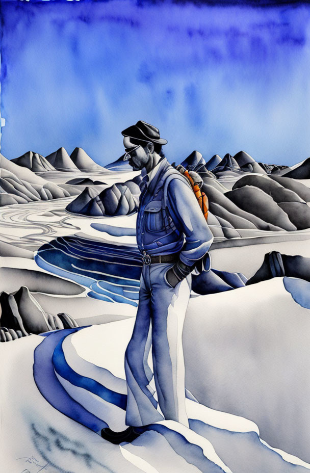 Surreal blue-and-white landscape with stylized person