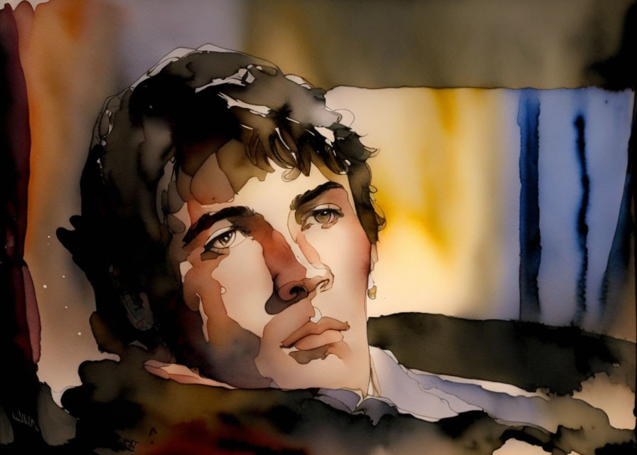 Pensive young man portrait in watercolor art