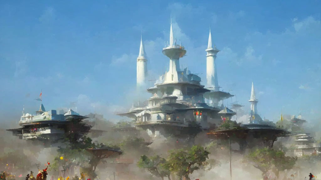 Whimsical Fantasy City with Turreted Buildings in Misty Environment