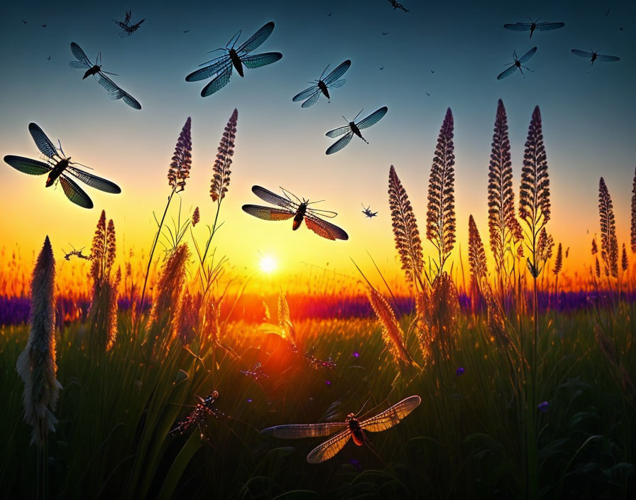 Tranquil sunset scene with dragonflies and wildflowers under vibrant sky