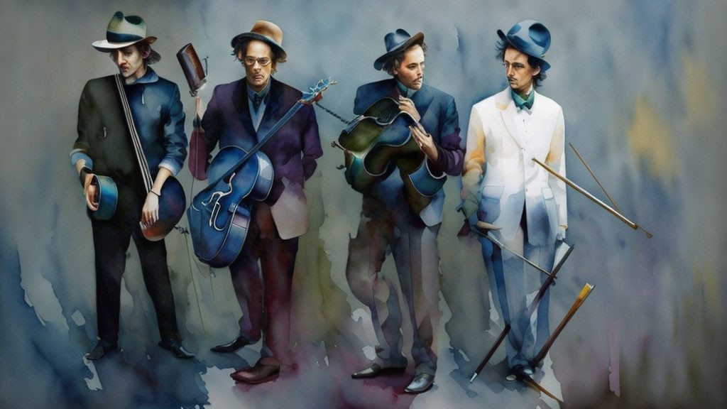 Vintage-styled musicians in soft watercolor painting