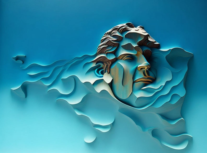 Blue Abstract Human Face with Wave-Like Patterns