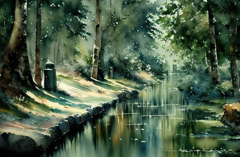 Tranquil watercolor painting of a serene woodland path beside a gentle stream