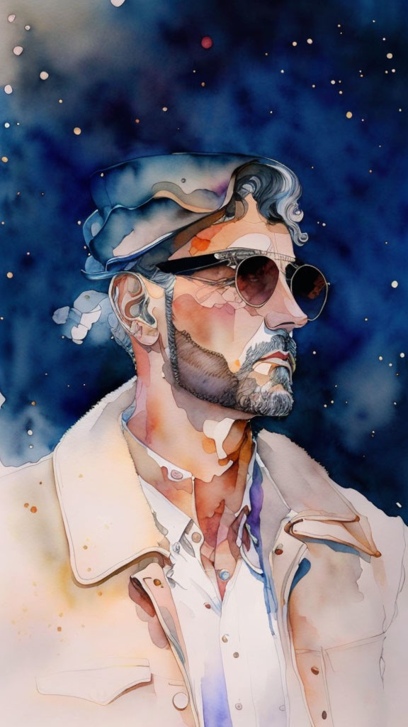 Man in Sunglasses and Cap Blending with Colorful Watercolor Drips