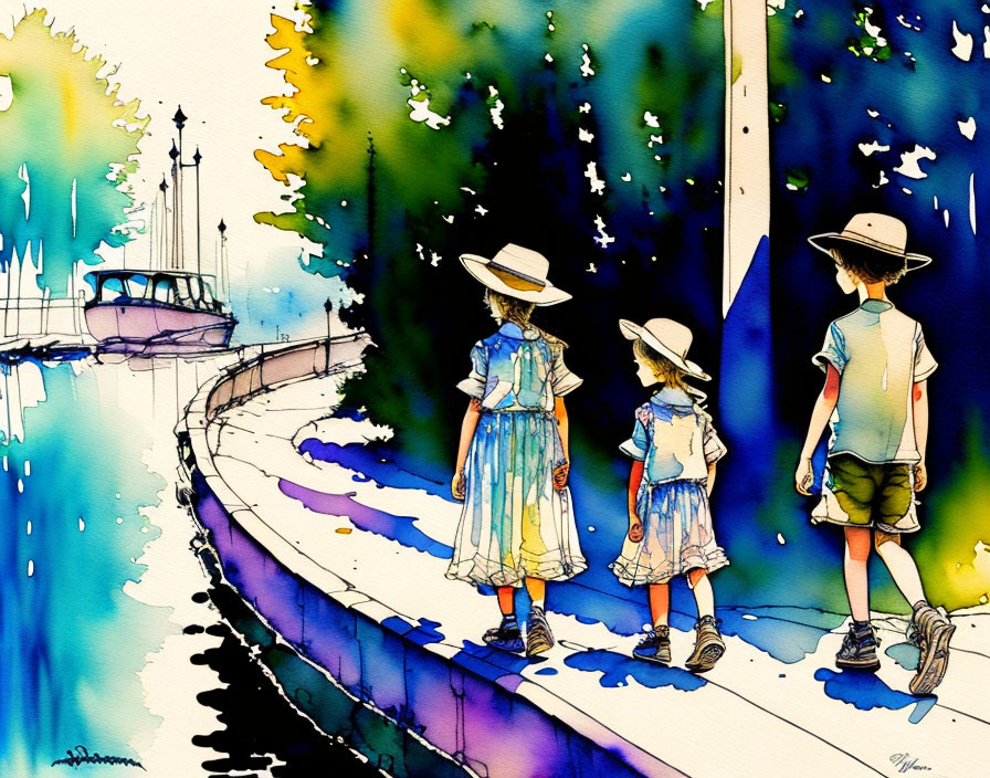 Three Children Walking Lakeside Path with Boat in Vibrant Watercolor