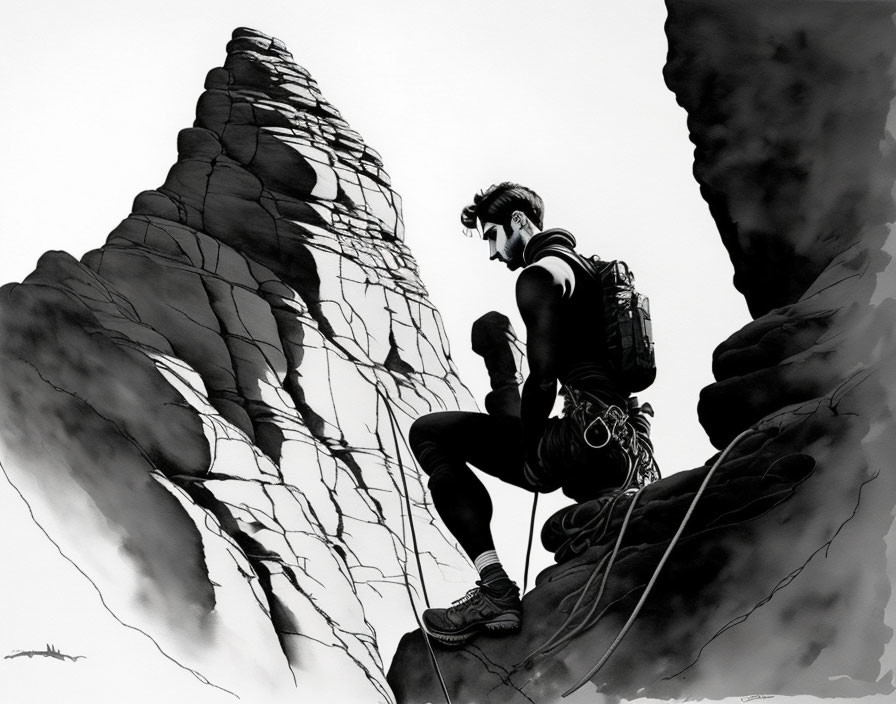 Monochrome illustration: Climber with backpack gazes at rock formation