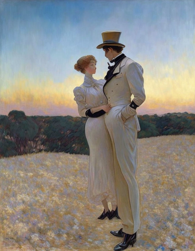 Victorian-era couple in white attire at sunset in a field