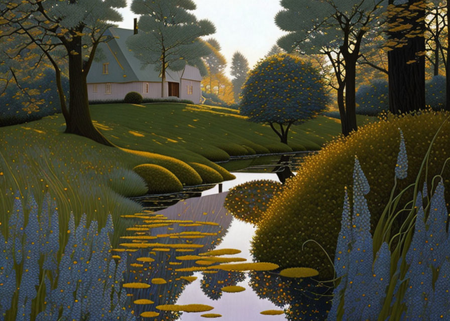 Tranquil landscape with cottage, trees, stream