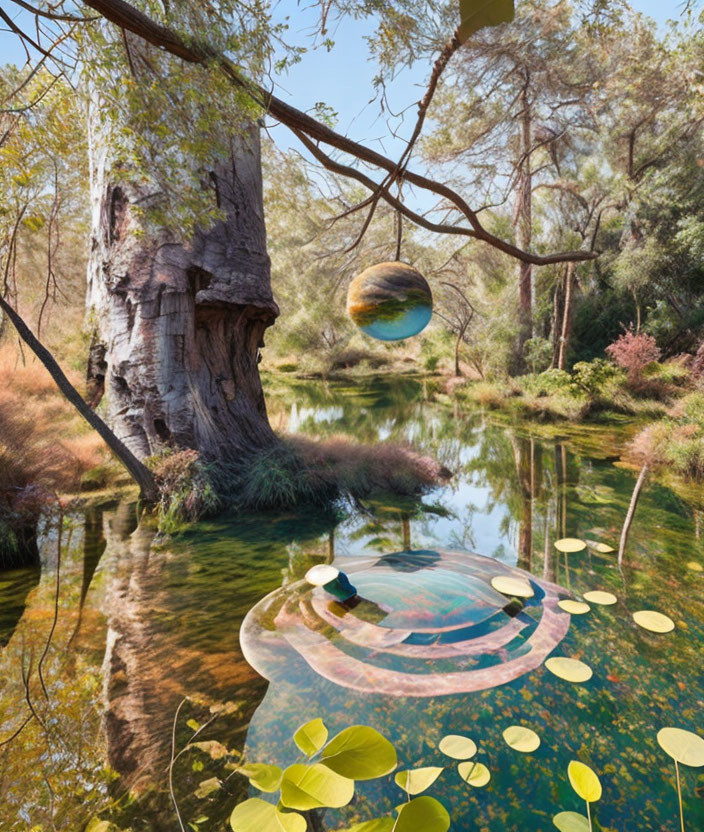 Tranquil landscape with tree, pond, spheres, and lily pads