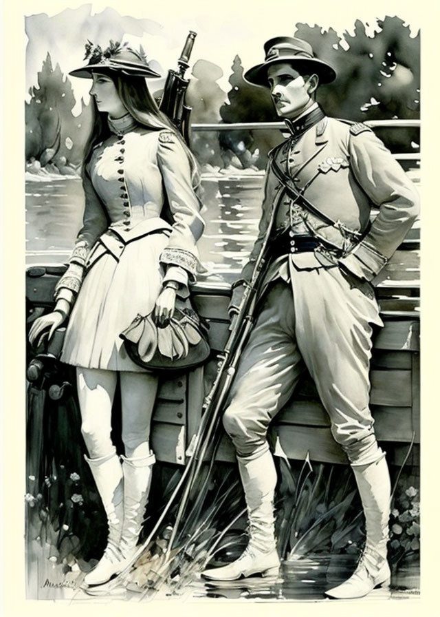 19th-Century European Military Couple Illustration near Water