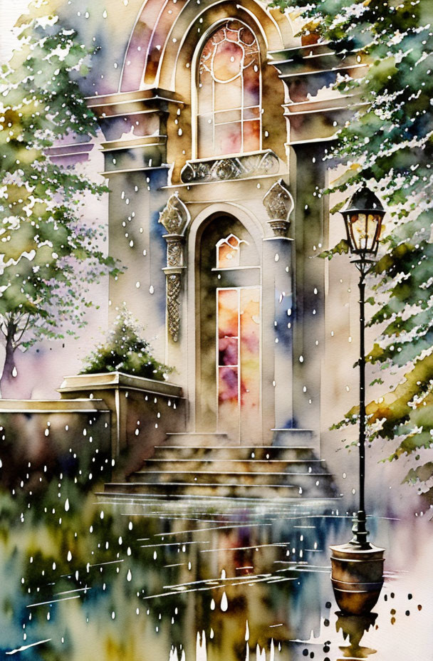 Vintage building entrance with streetlamp in watercolor art.