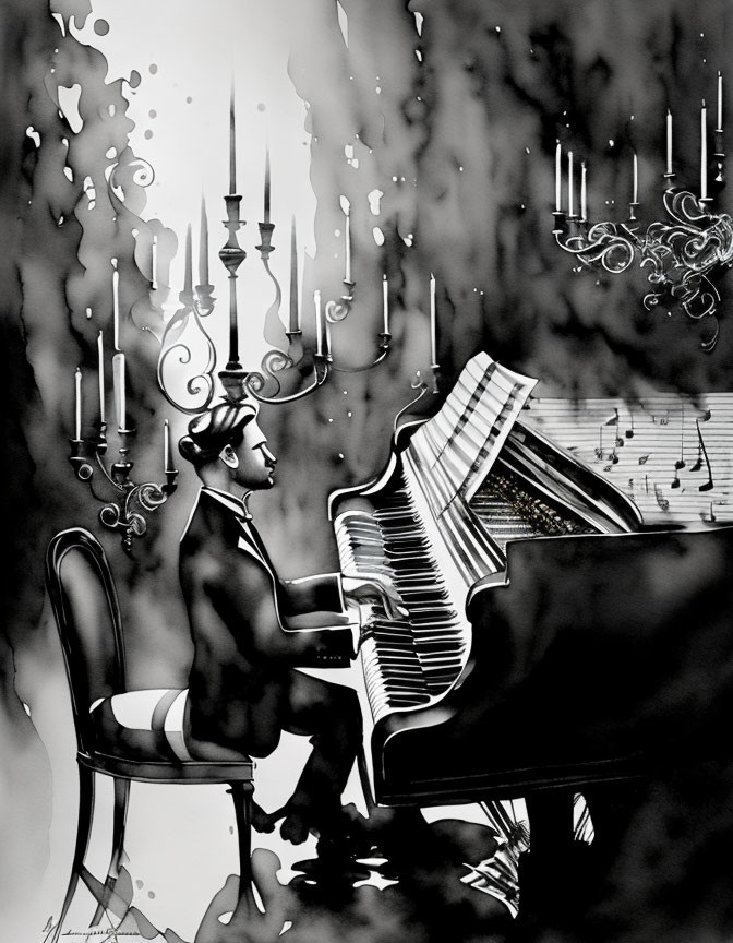 Monochrome artwork of man playing grand piano with musical notes and chandeliers