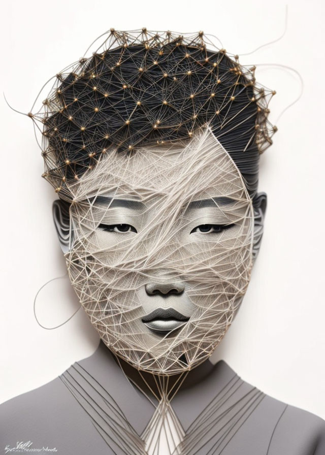 Abstract portrait with intricate thread and pin network hairstyle on beige background