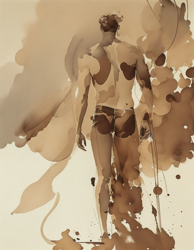 Sepia-Toned Illustration of Person Blending with Abstract Ink Splatters