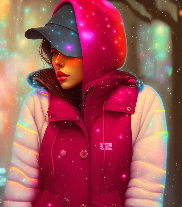 Colorful Cosmic-Themed Woman in Hoodie and Jacket on Bokeh Light Background