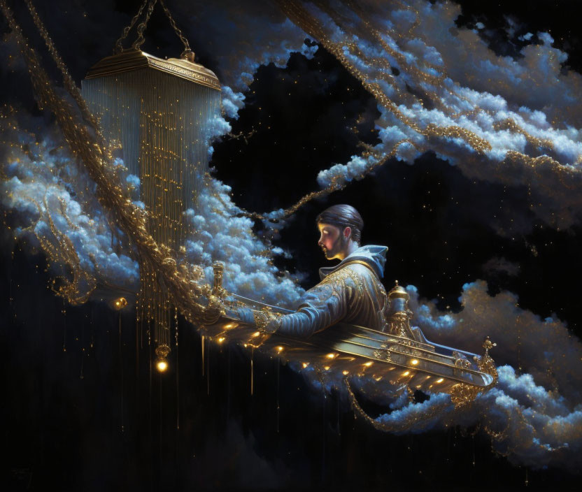 Serene figure playing golden harp in starry void with swirling clouds