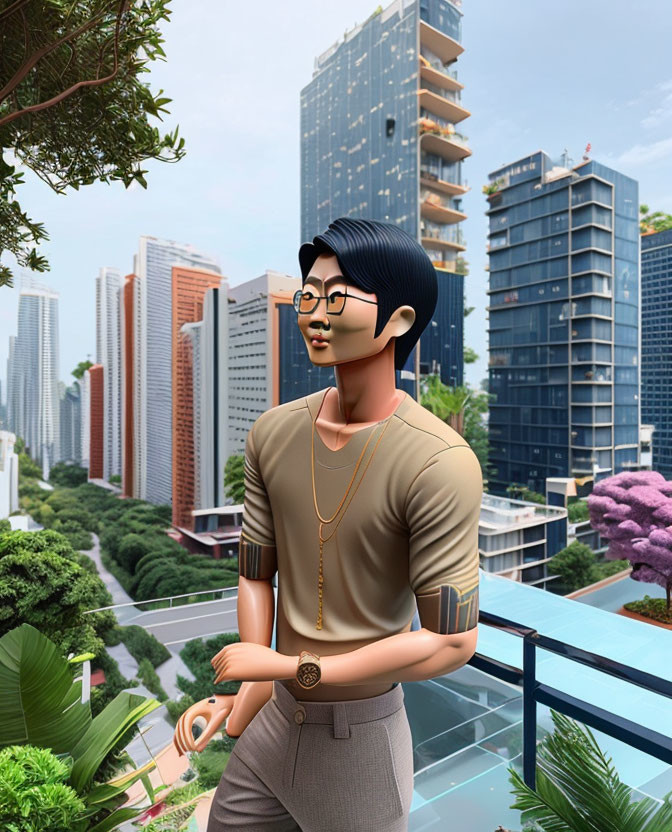 Animated character with glasses on balcony overlooking modern cityscape