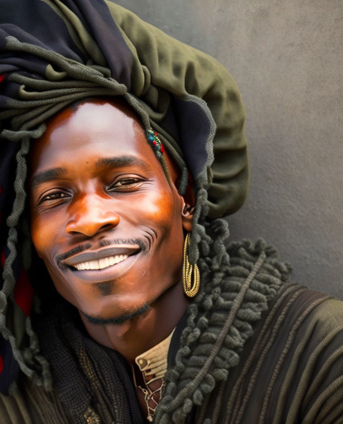 Smiling man with green headwrap, dreadlocks, gold earrings, and earth-toned outfit