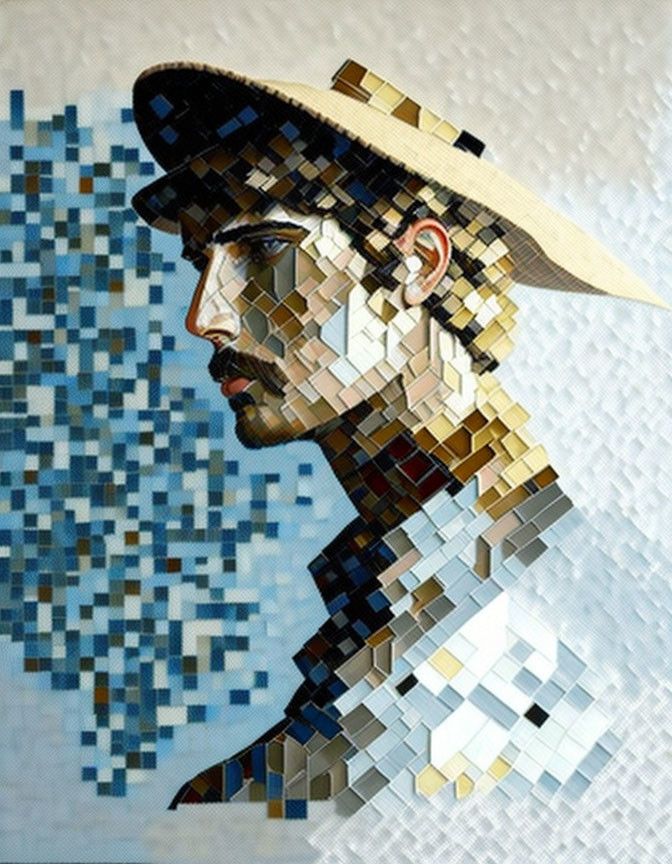 Profile portrait in mosaic with brimmed hat and abstract pixels