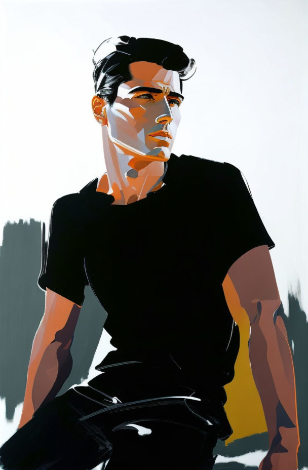 Dark-haired man in black t-shirt with sharp shadows and minimalistic background