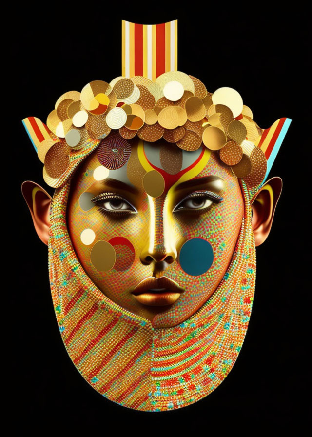 Stylized face with ornate headdress and colorful textures