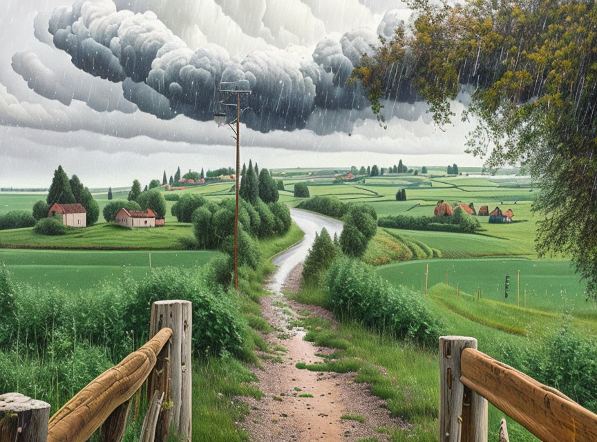 Rural dirt road to village under stormy sky