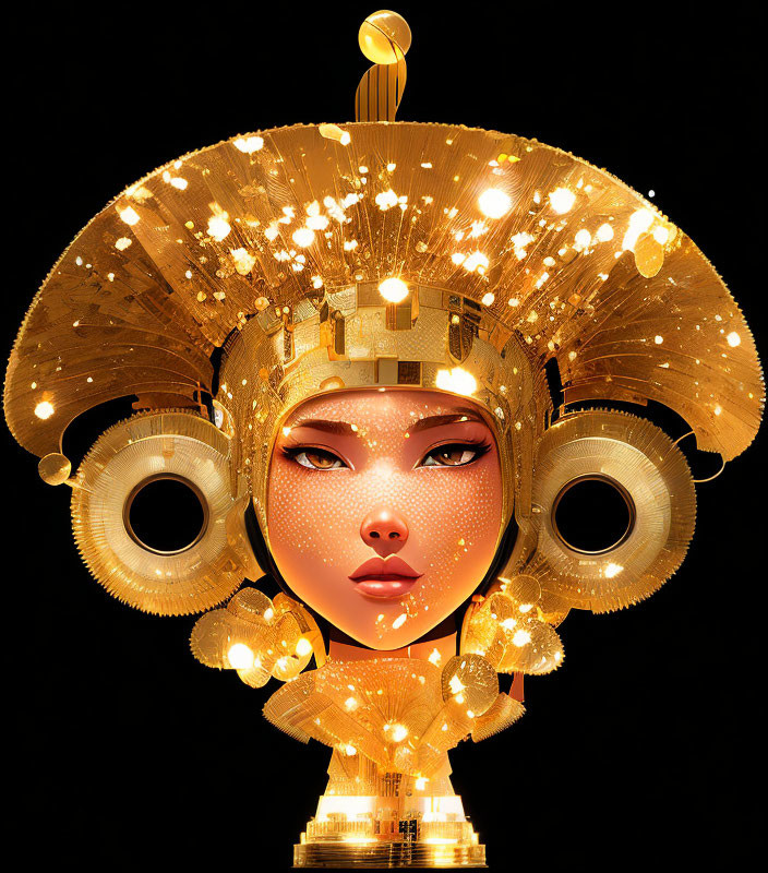 Stylized female figure with golden headdress and headphones on dark background