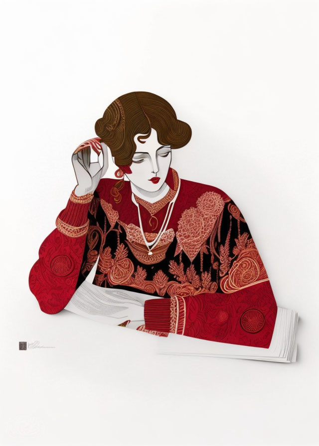 Illustration: Woman with bob haircut in red floral kimono on open book.