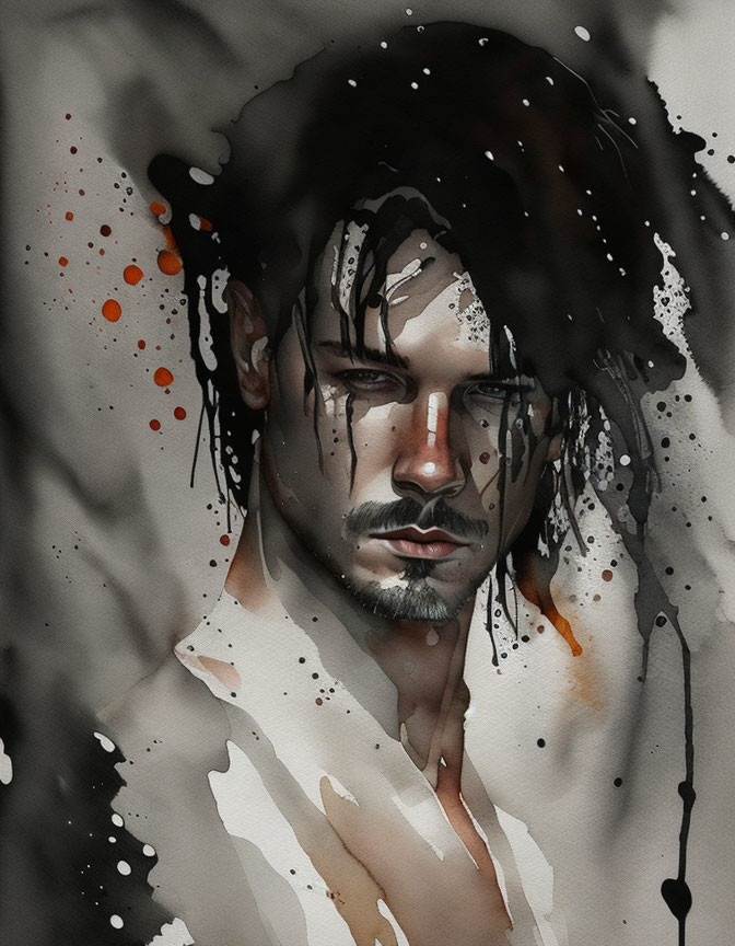 Brooding man portrait in watercolor with black, white, and orange splashes