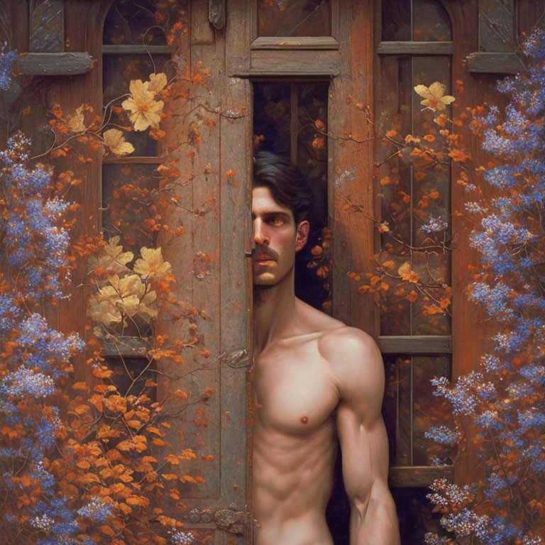 Shirtless man in wooden window frame with orange and blue flowers