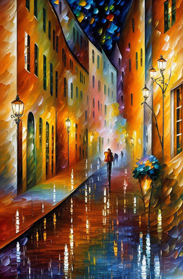 Colorful painting of couple on rainy cobblestone street