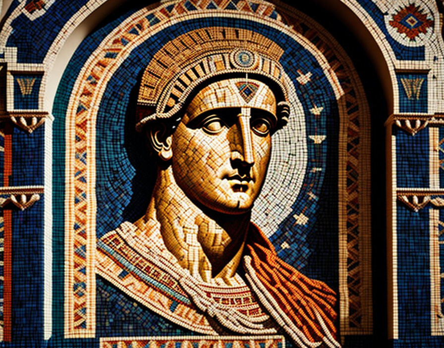 Classical figure mosaic with laurel wreath and intricate patterns