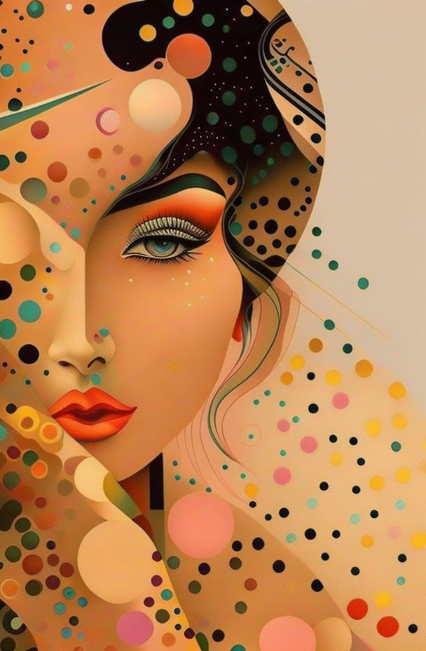 Vibrant portrait of stylized woman with polka dots and circular patterns