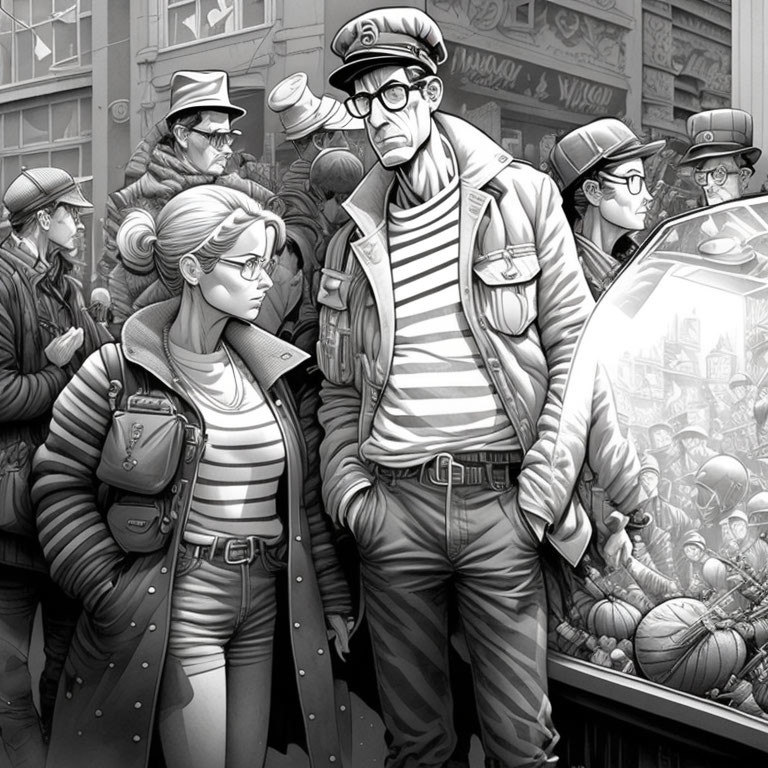 Monochromatic crowded street scene with man and woman in striped shirts