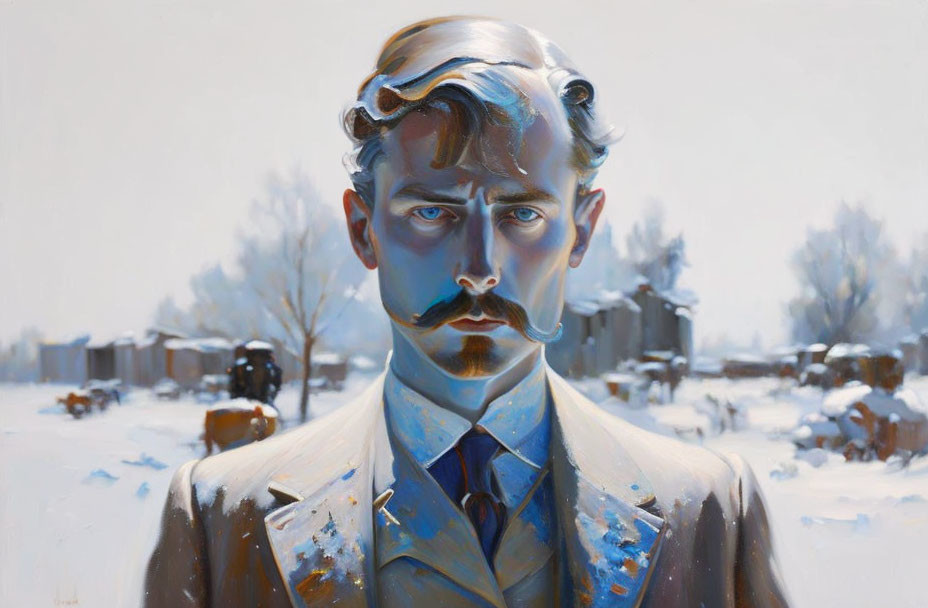 Surreal portrait of a man in a suit merging with snowy landscape