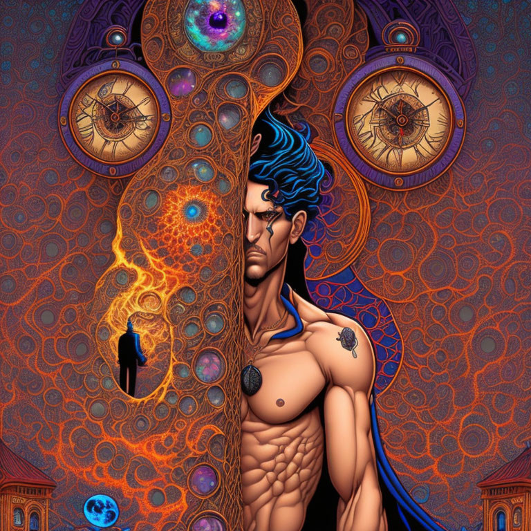 Surreal digital artwork featuring shirtless man and cosmic motifs