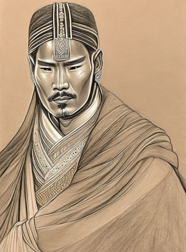 Man in historical Asian attire with headband in contemplative pose