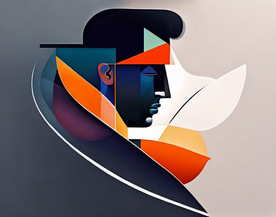 Geometric human profile with colorful gradient and leaf-like shape on grey background